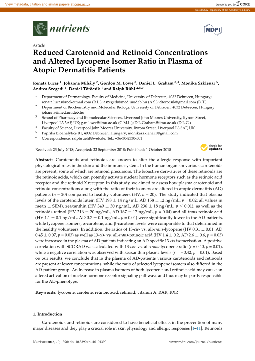 Reduced Carotenoid and Retinoid Concentrations and Altered Lycopene Isomer Ratio in Plasma of Atopic Dermatitis Patients