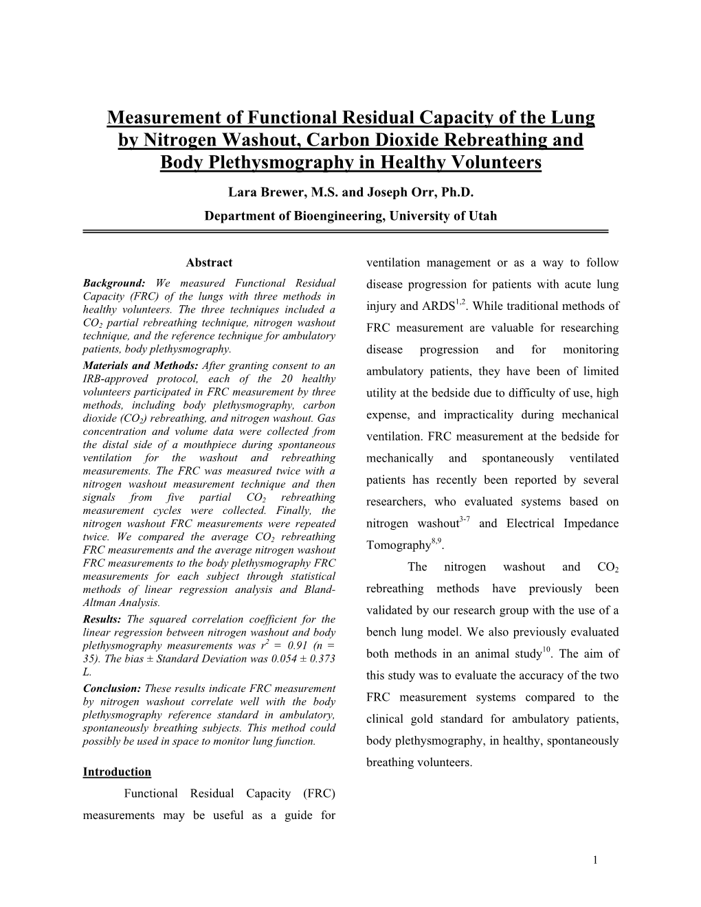 Measurement of Functional Residual Capacity of the Lung by Nitrogen