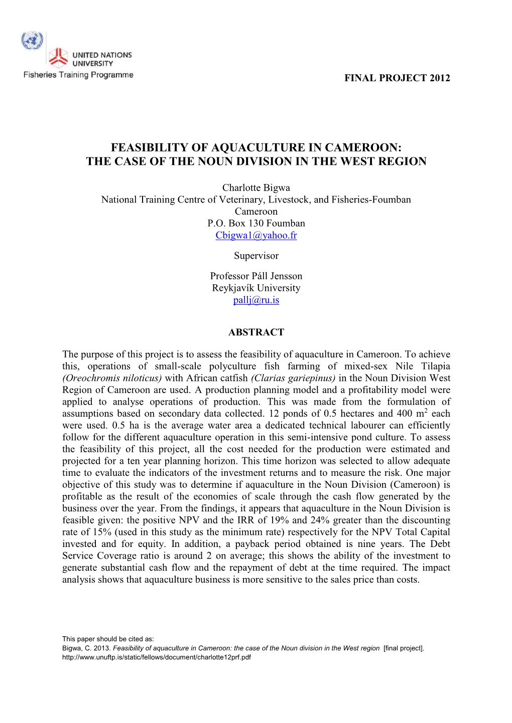 Feasibility of Aquaculture in Cameroon: the Case of the Noun Division in the West Region