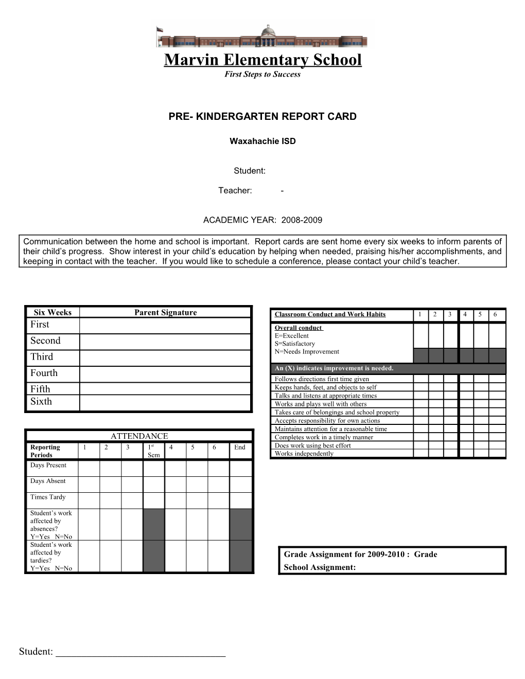 Pre- Kindergarten Report Card