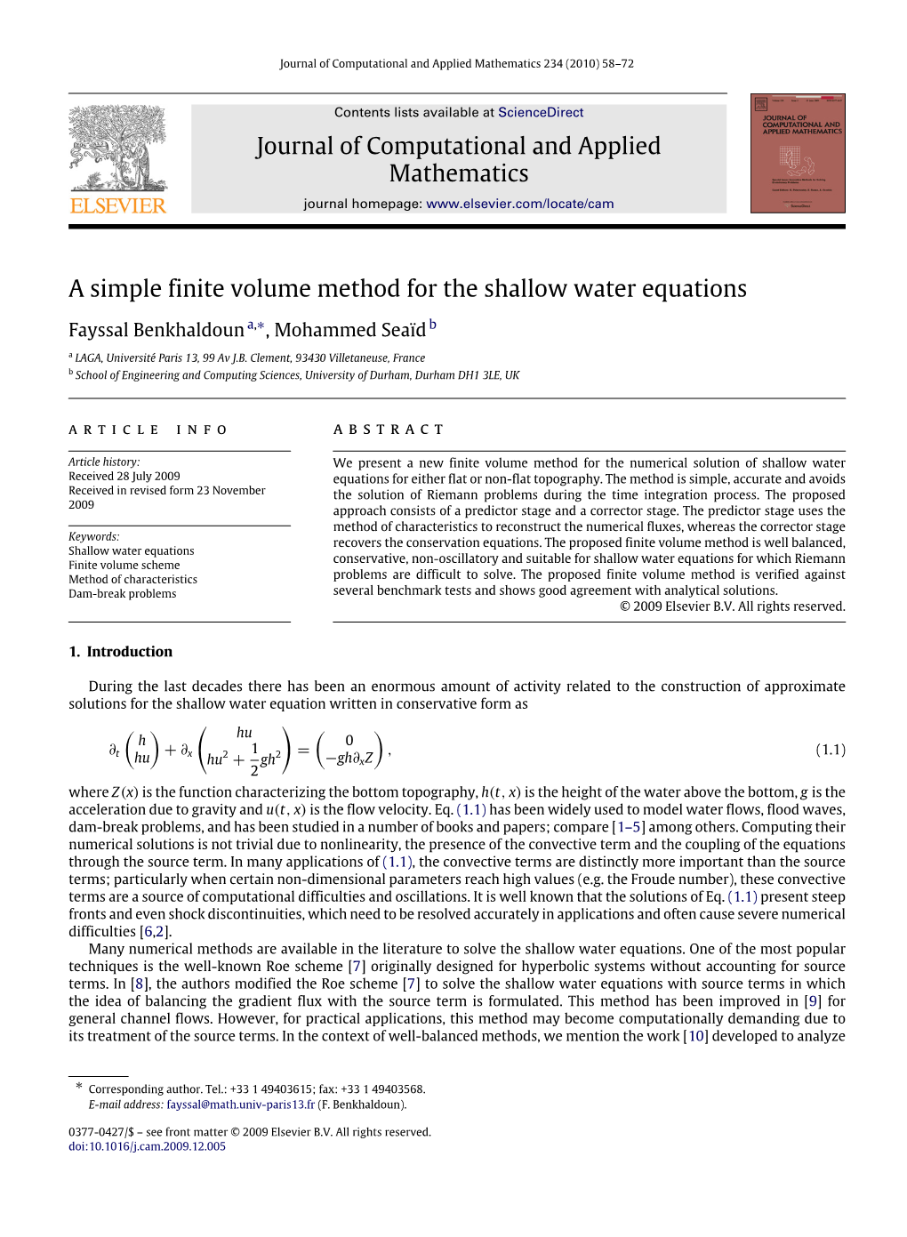 Journal of Computational and Applied Mathematics a Simple Finite Volume Method for the Shallow Water Equations