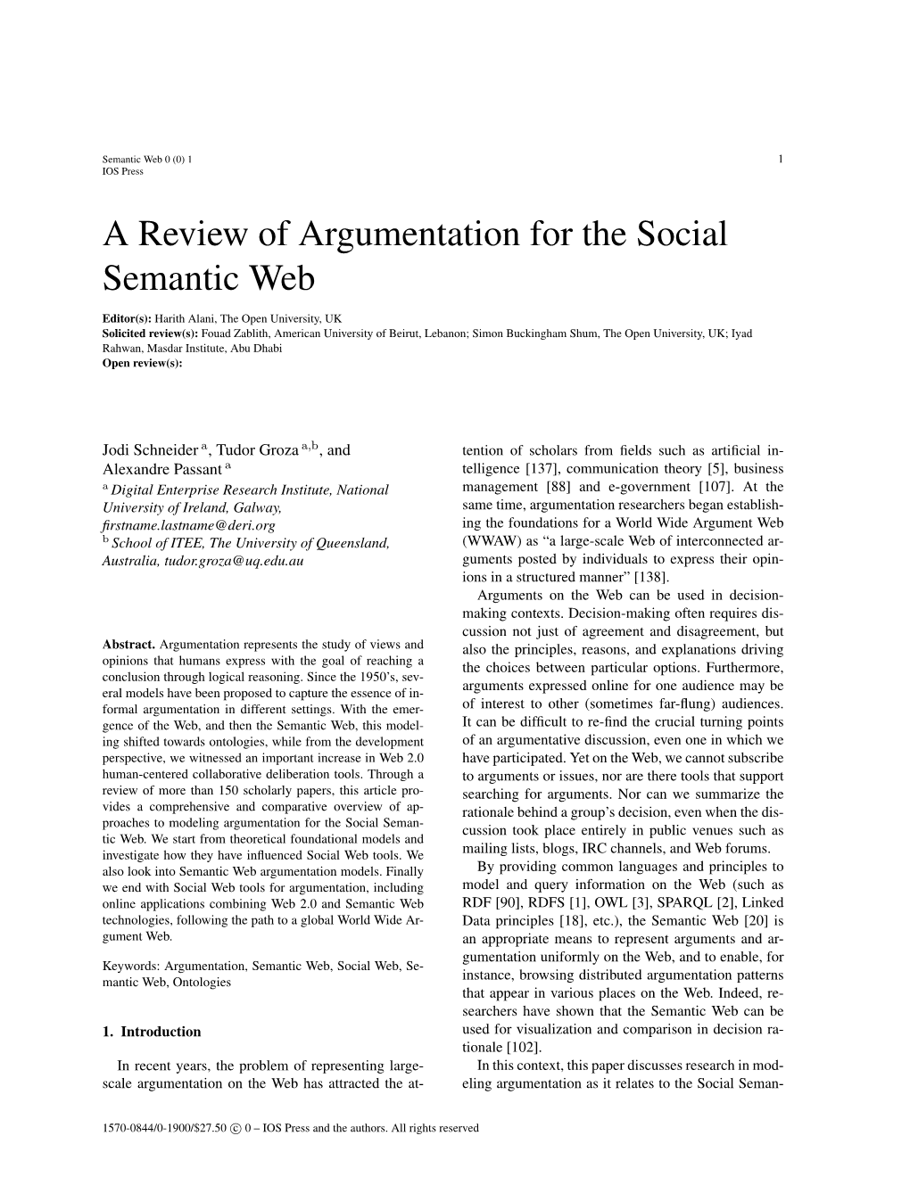 A Review of Argumentation for the Social Semantic Web