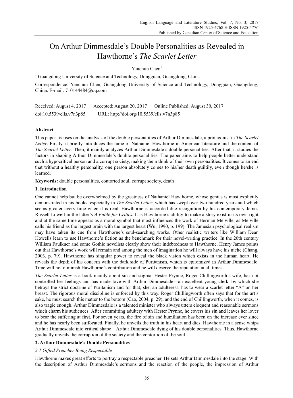 On Arthur Dimmesdale's Double Personalities As Revealed in Hawthorne's the Scarlet Letter