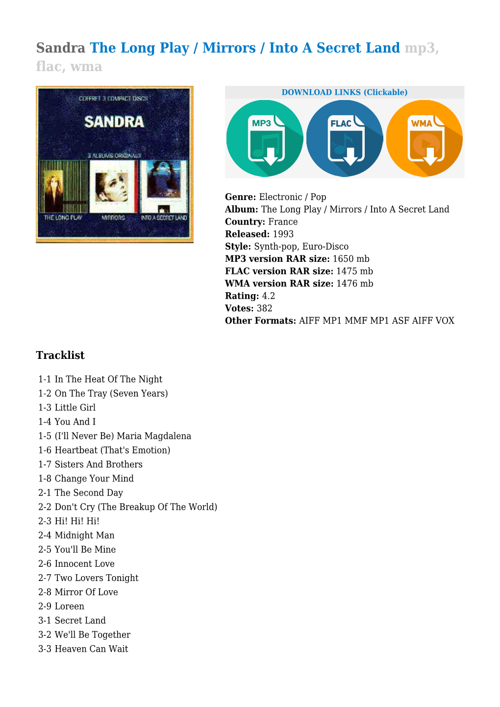 Sandra the Long Play / Mirrors / Into a Secret Land Mp3, Flac, Wma