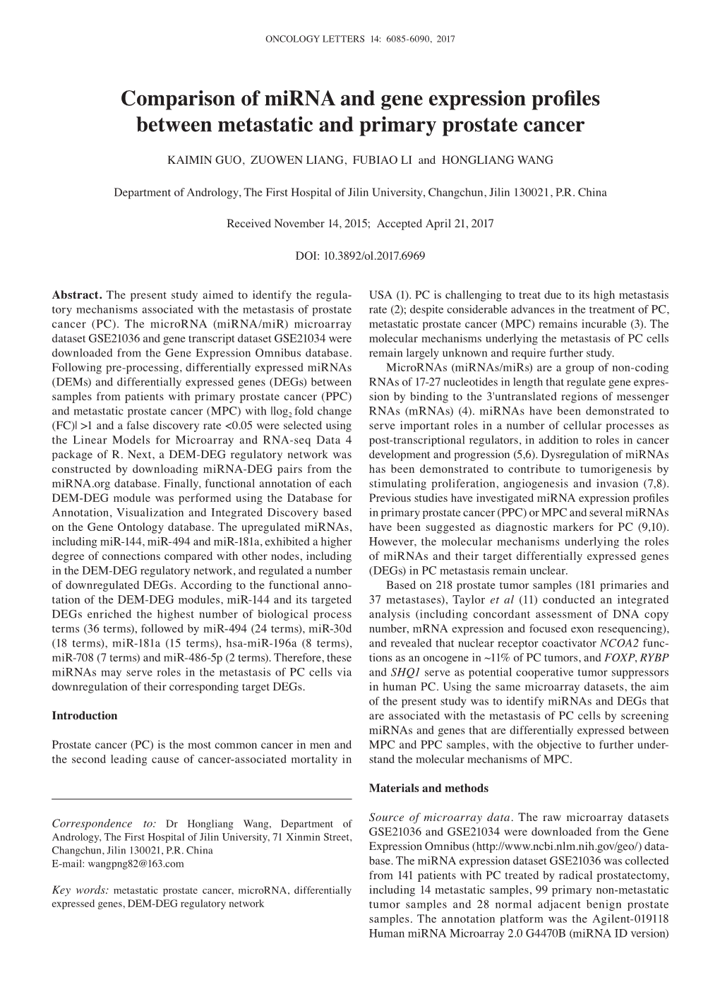 Comparison of Mirna and Gene Expression Profiles Between Metastatic and Primary Prostate Cancer