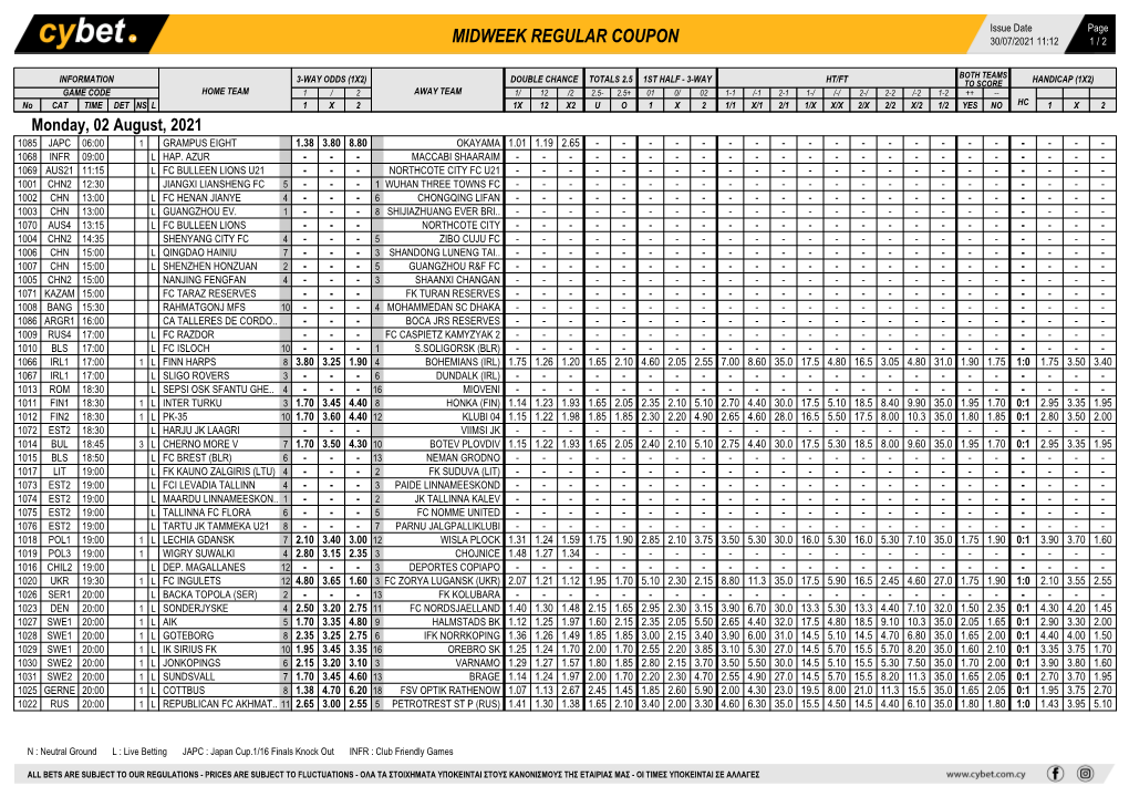 Midweek Regular Coupon 30/07/2021 11:12 1 / 2