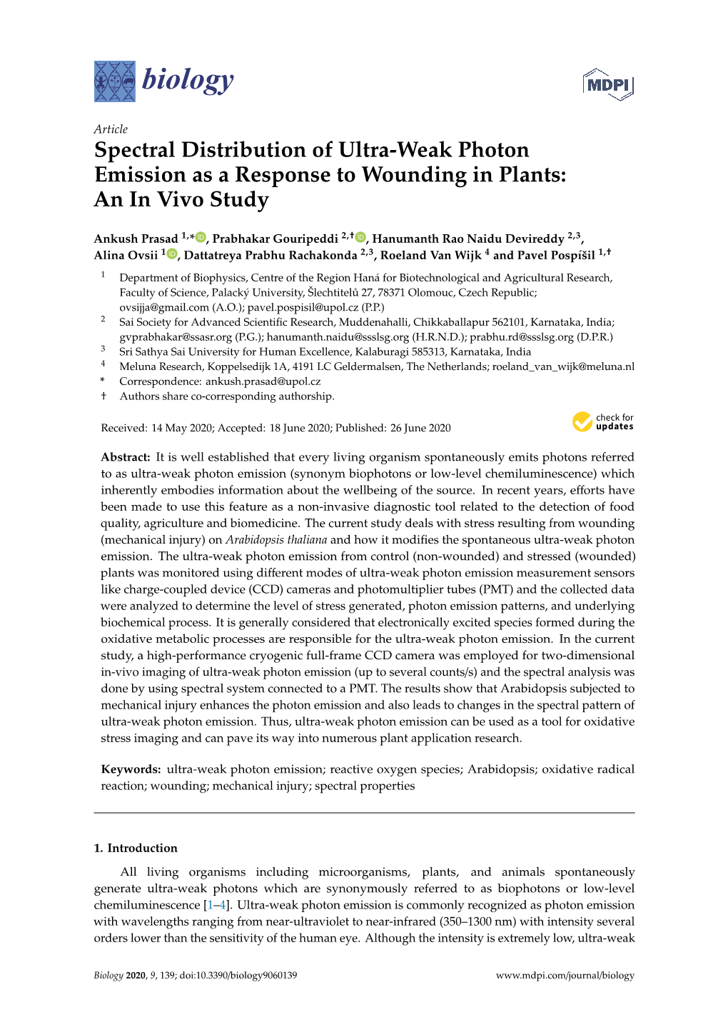 Spectral Distribution of Ultra-Weak Photon Emission As a Response to Wounding in Plants: an in Vivo Study