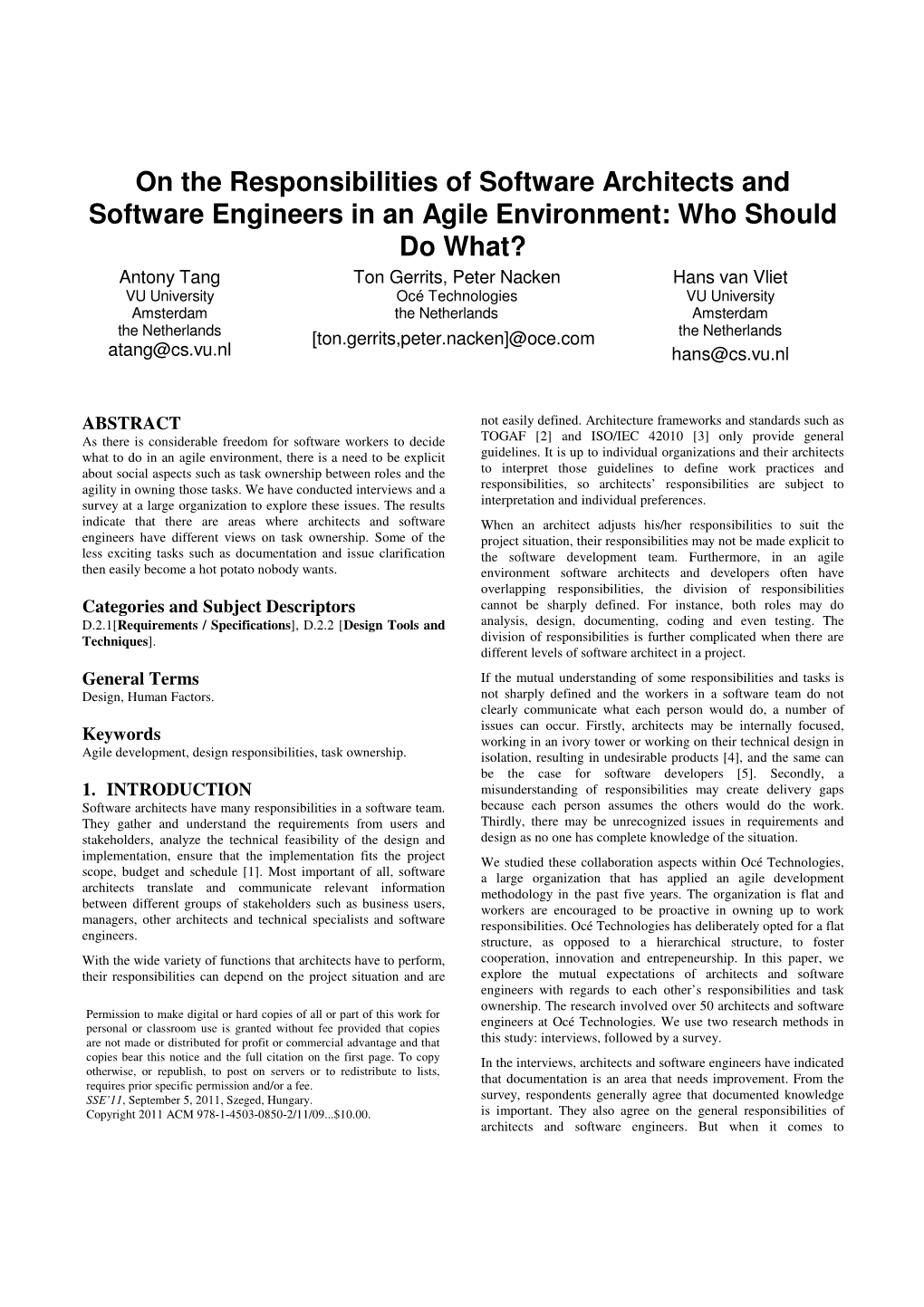 On the Responsibilities of Software Architects and Software Engineers