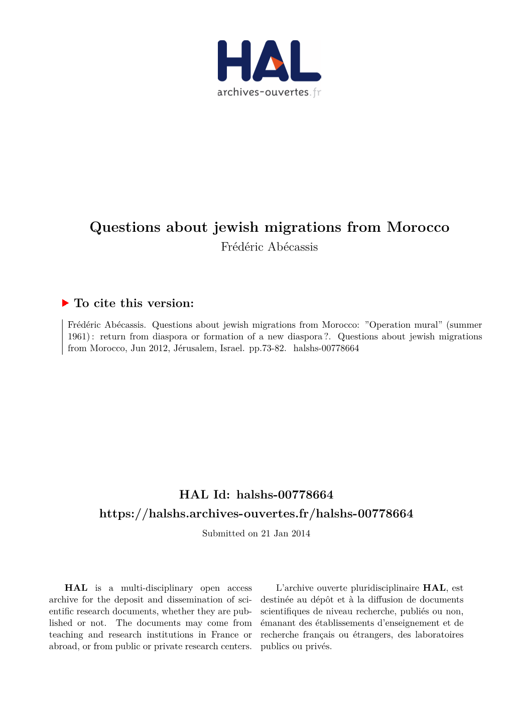 Questions About Jewish Migrations from Morocco Frédéric Abécassis