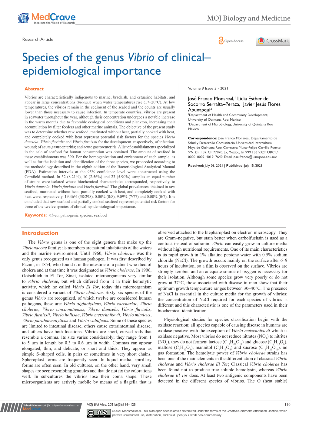 Species of the Genus Vibrio of Clinical–Epidemiological Importance ©2021 Monsreal Et Al