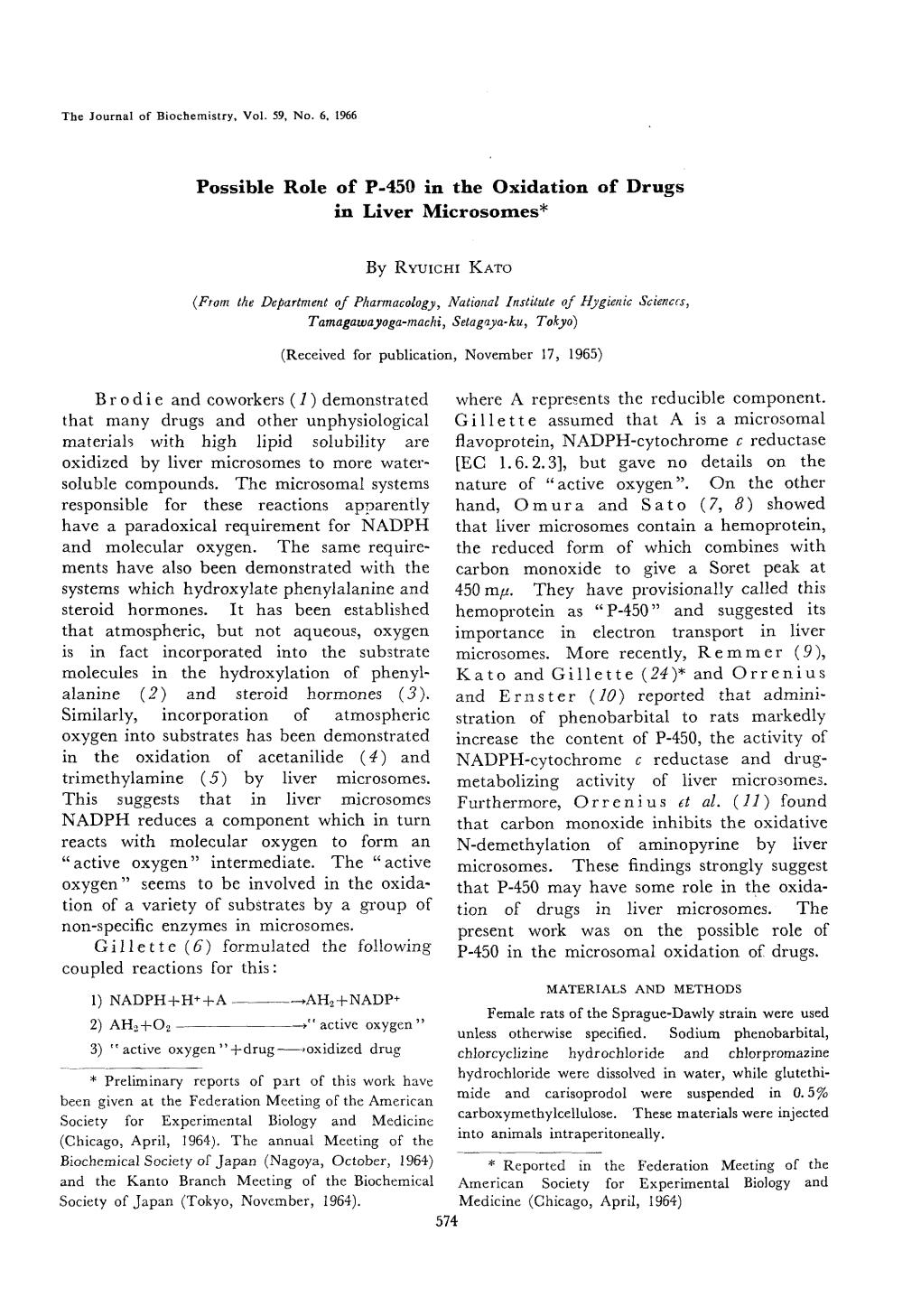 Possible Role of P-450 in the Oxidation of Drugs in Liver Microsomes*