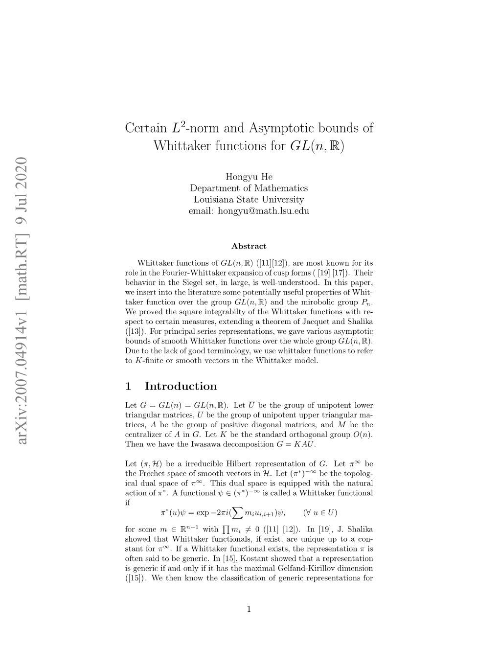 Certain L^ 2-Norm and Asymptotic Bounds of Whittaker Function for GL