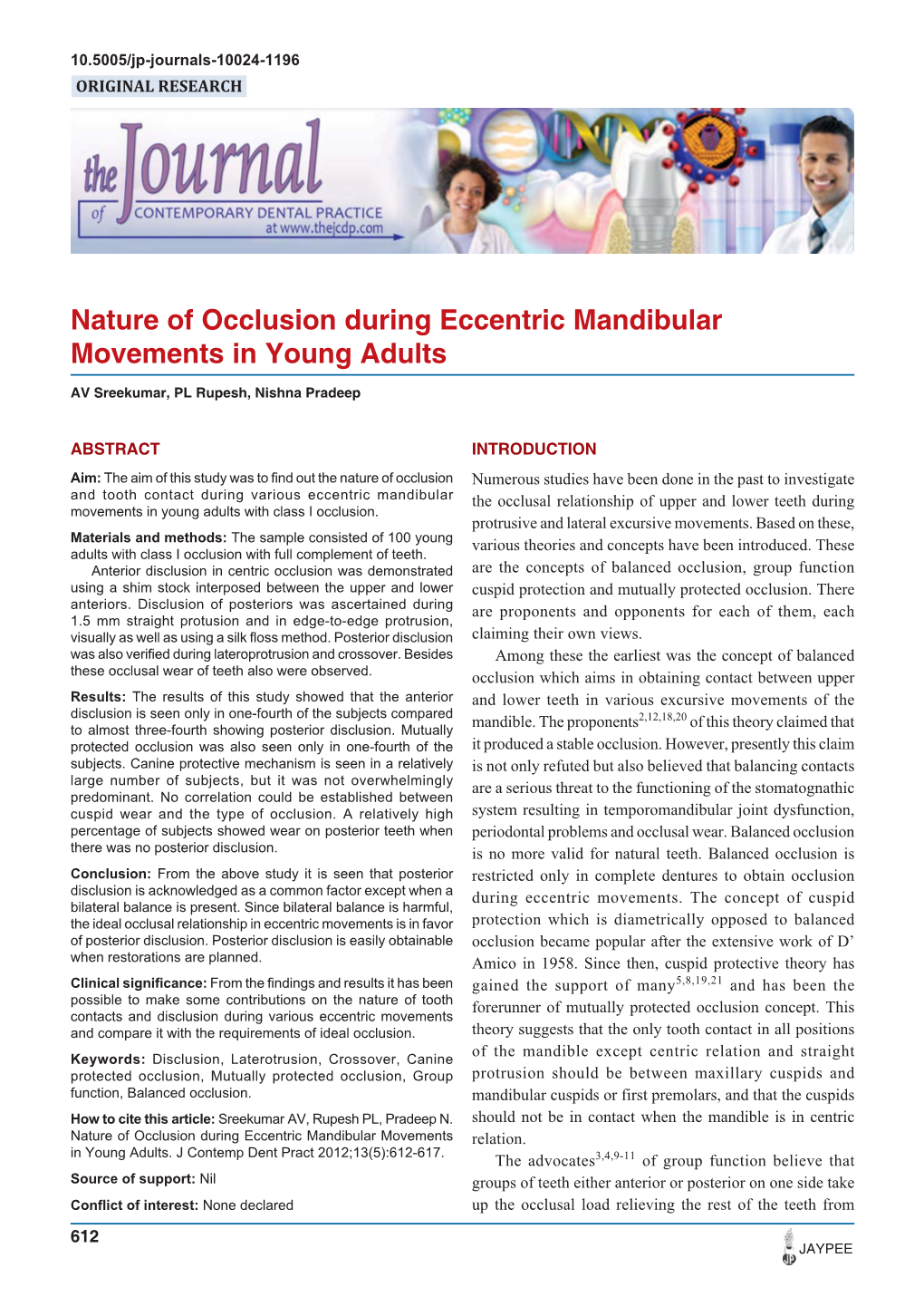 Nature of Occlusion During Eccentric Mandibular Movements in Young Adults