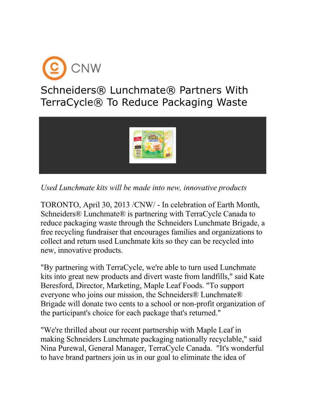 Schneiders® Lunchmate® Partners with Terracycle® to Reduce Packaging Waste