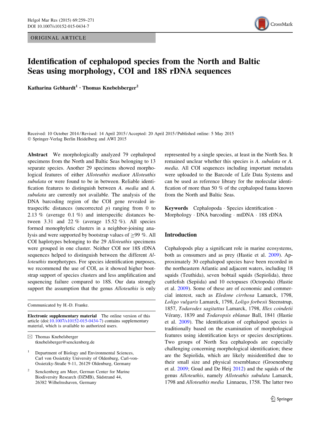 Identification of Cephalopod Species from the North and Baltic Seas