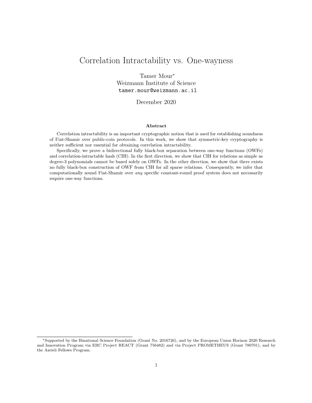 Correlation Intractability Vs. One-Wayness