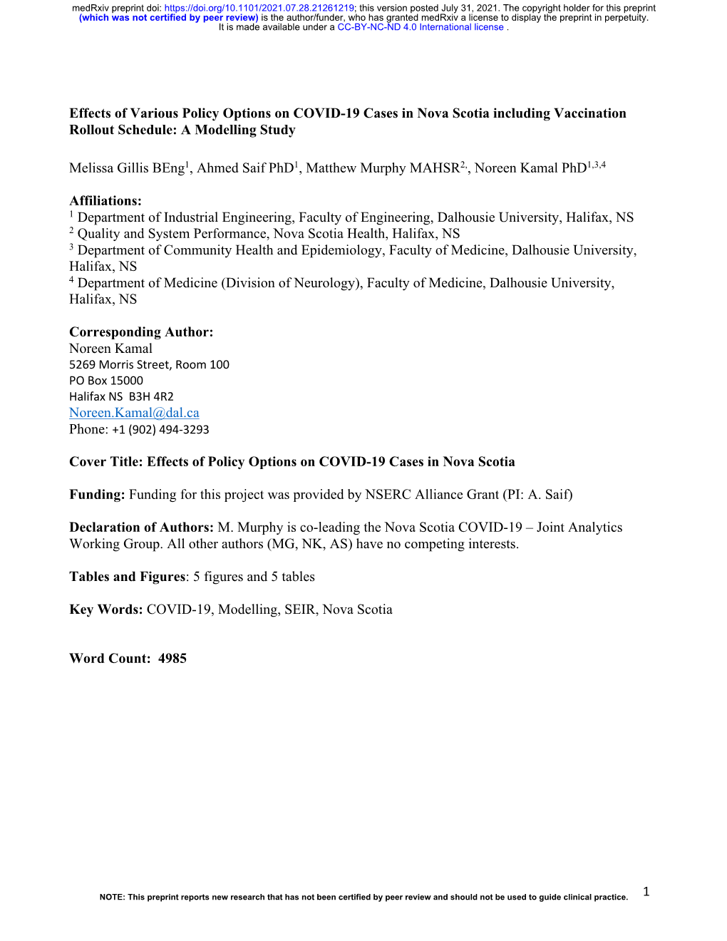 Effects of Various Policy Options on COVID-19 Cases in Nova Scotia Including Vaccination Rollout Schedule: a Modelling Study