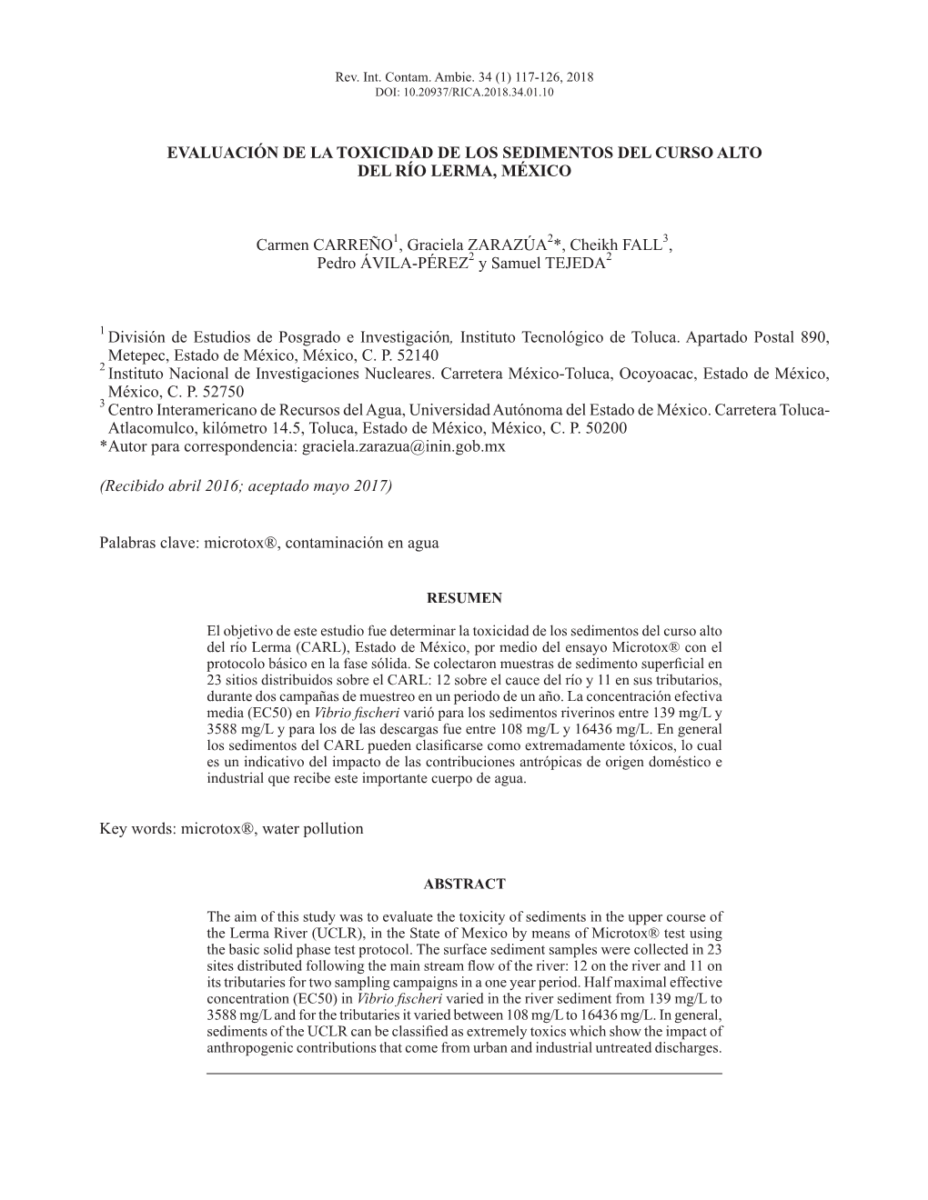 Evaluación De La Toxicidad De Los Sedimentos Del Curso Alto Del Río Lerma, México