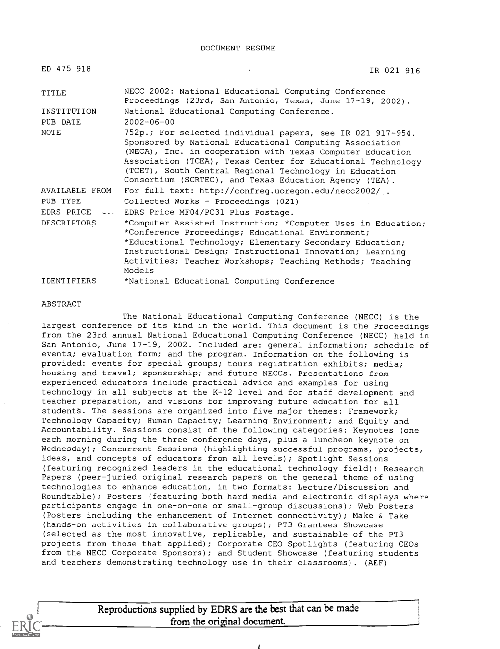 NECC 2002: National Educational Computing Conference Proceedings (23Rd, San Antonio, Texas, June 17-19, 2002)