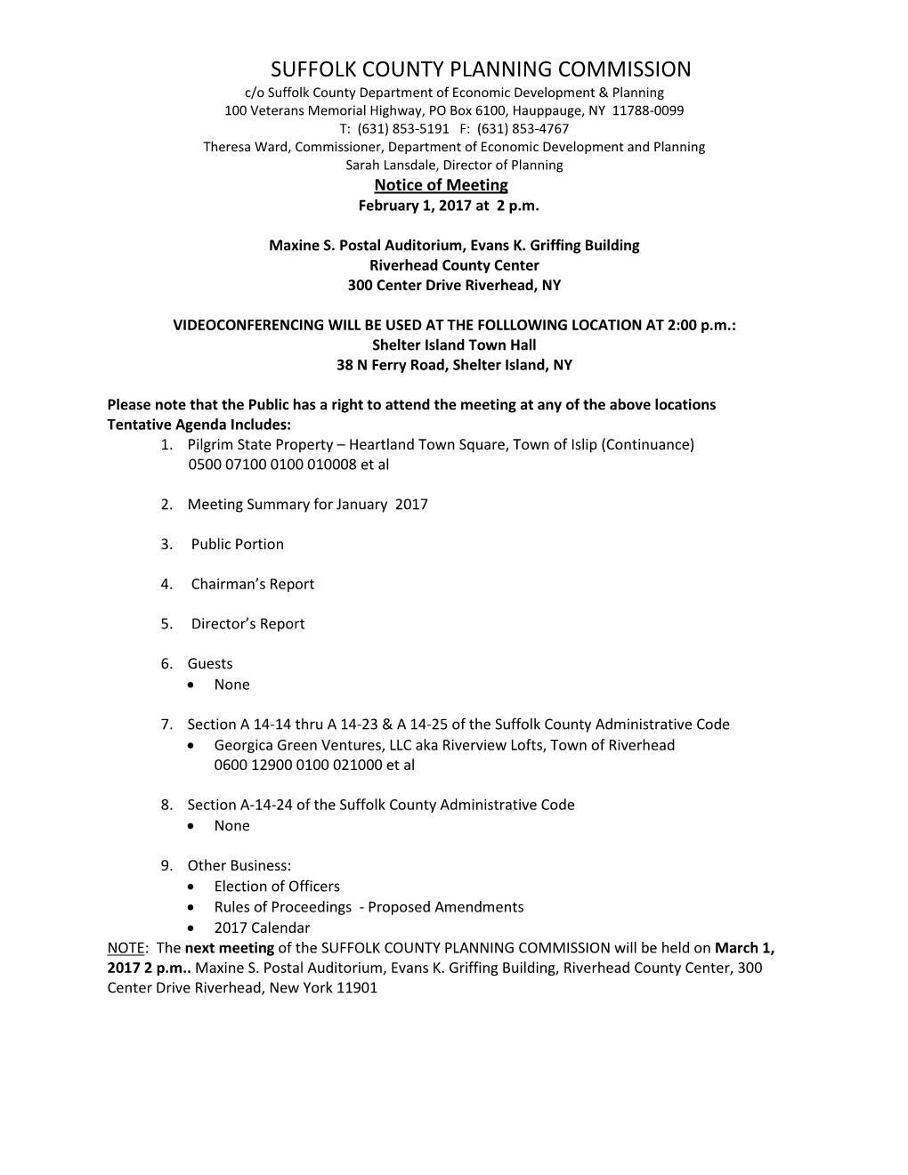 Notice of Meeting February 1, 2017 at 2 P.M