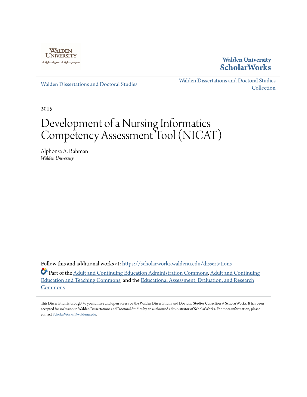 Development of a Nursing Informatics Competency Assessment Tool (NICAT) Alphonsa A