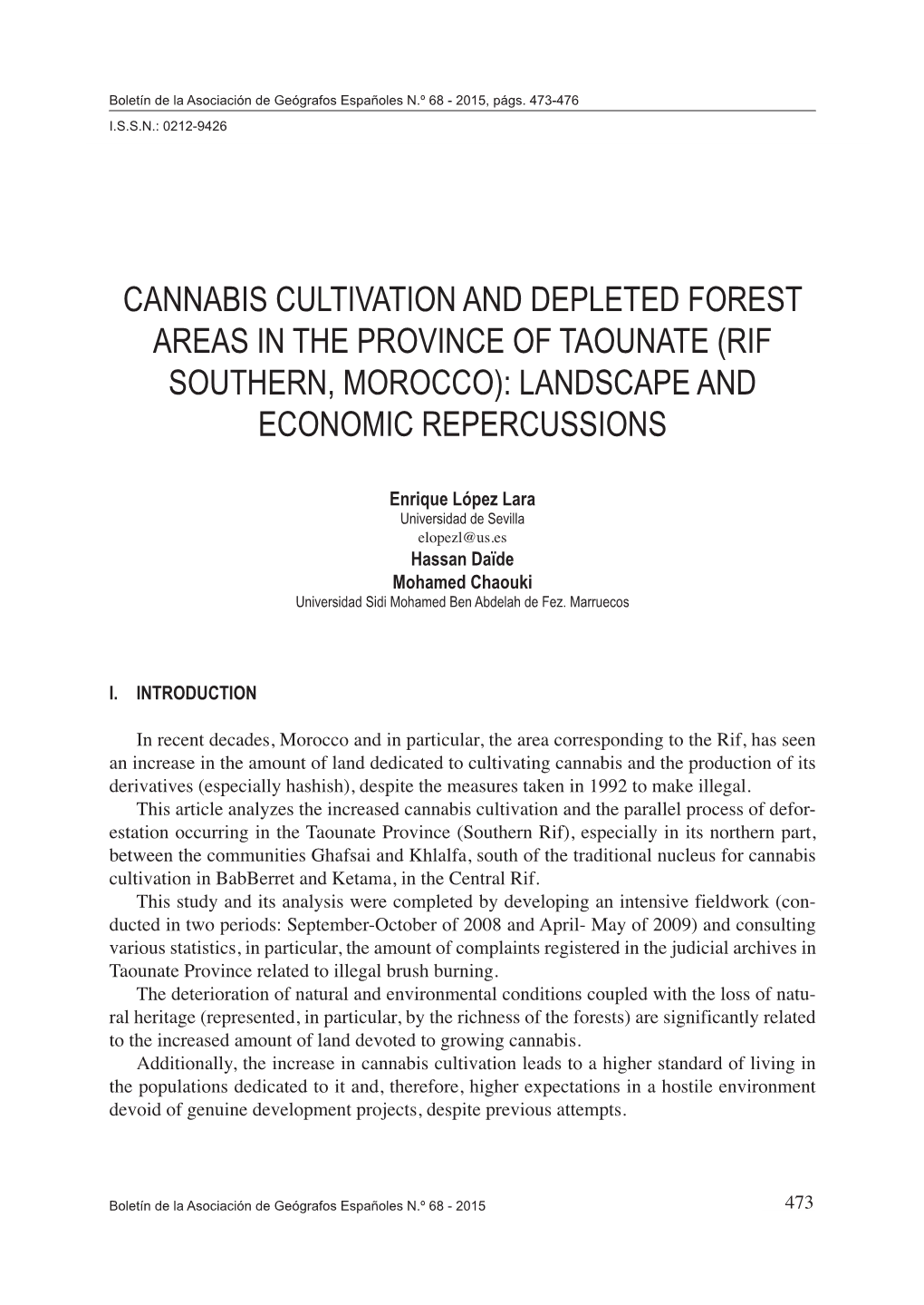 Cannabis Cultivation and Depleted Forest Areas in the Province of Taounate (Rif Southern, Morocco): Landscape and Economic Repercussions