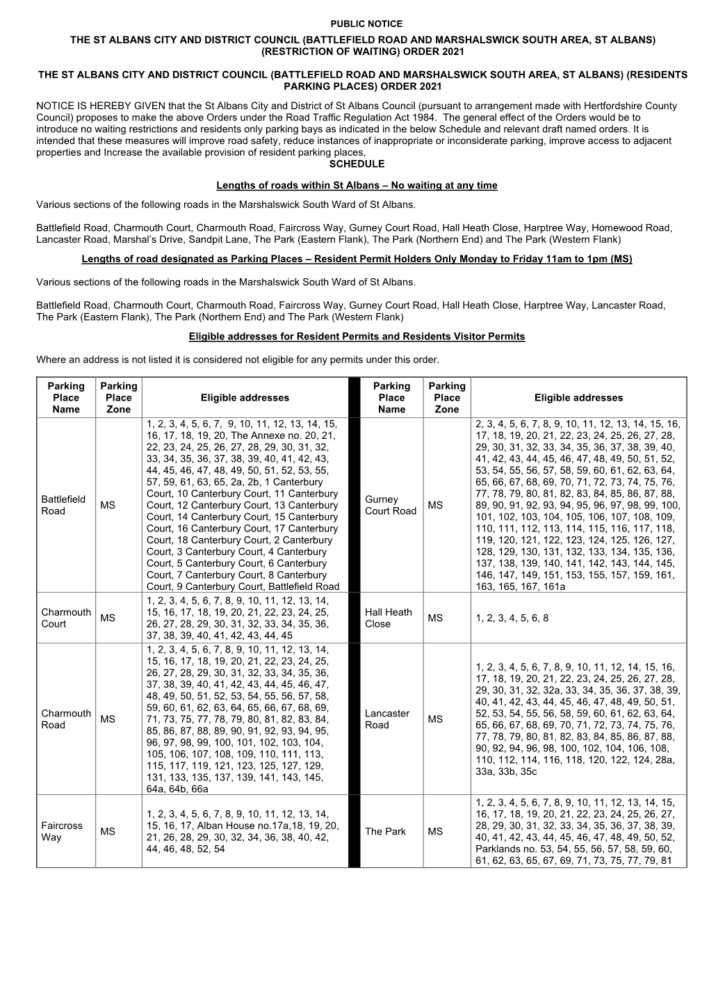 Public Notice the St Albans City and District Council (Battlefield Road and Marshalswick South Area, St Albans) (Restriction of Waiting) Order 2021