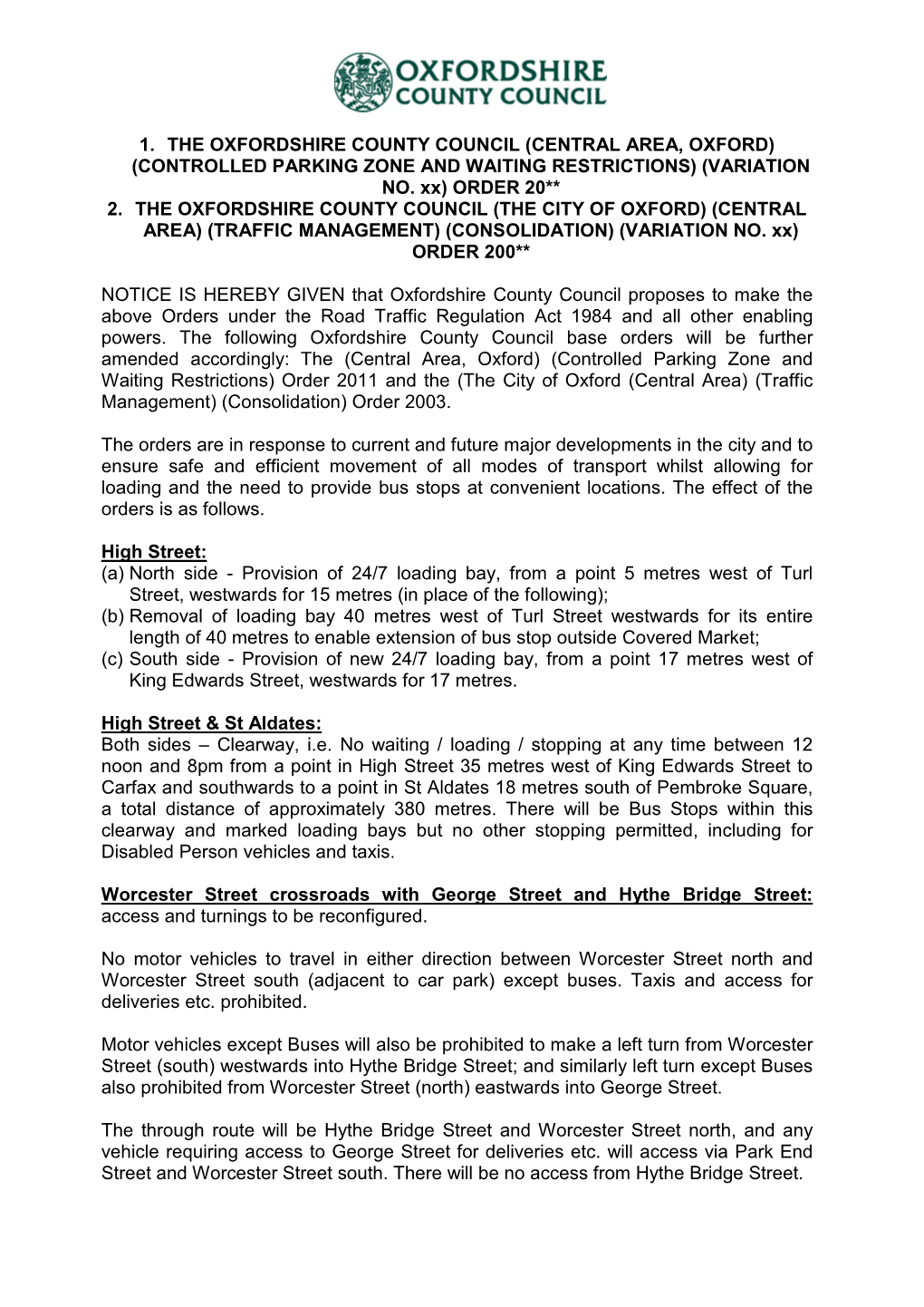 Central Area, Oxford) (Controlled Parking Zone and Waiting Restrictions) (Variation No