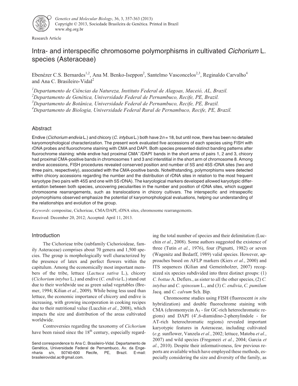 Intra- and Interspecific Chromosome Polymorphisms in Cultivated Cichorium L. Species (Asteraceae)