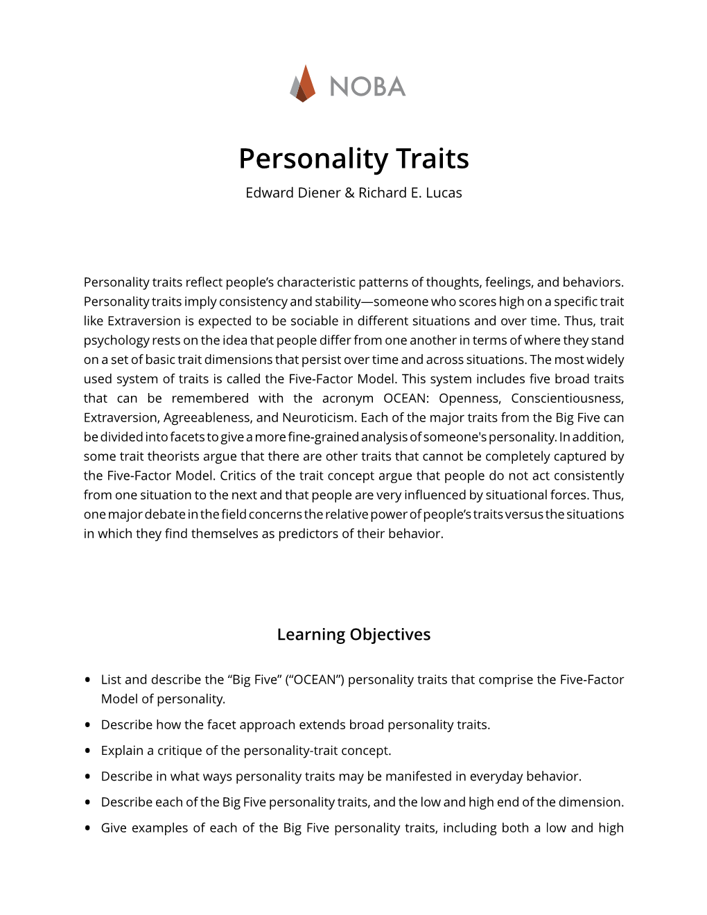 NOBA Personality Traits