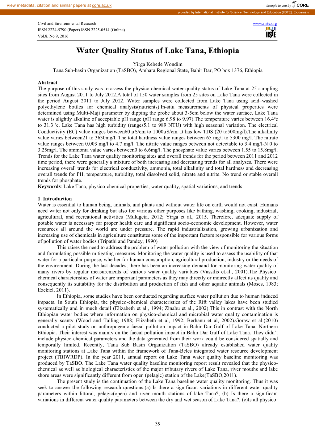 Water Quality Status of Lake Tana, Ethiopia