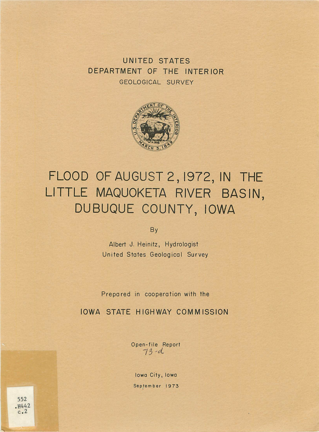 Flood of August 2, 1972, in the Little Maquoketa River Bas In, Dubuque County, Iowa
