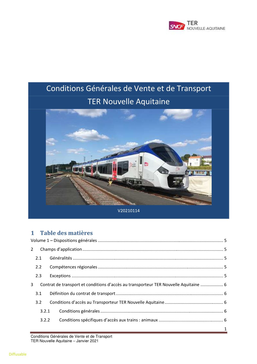 Conditions Générales De Vente Et De Transport TER Nouvelle Aquitaine