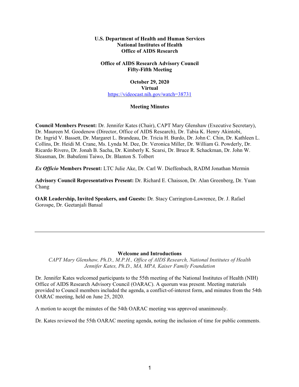 Office of AIDS Research Advisory Council Fifty-Fifth Meeting Minutes