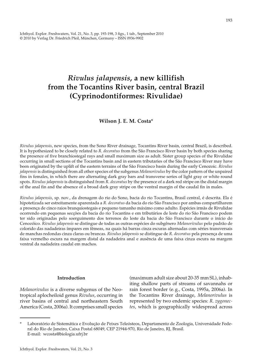 Rivulus Jalapensis, a New Killifish from the Tocantins River Basin, Central Brazil (Cyprinodontiformes: Rivulidae)