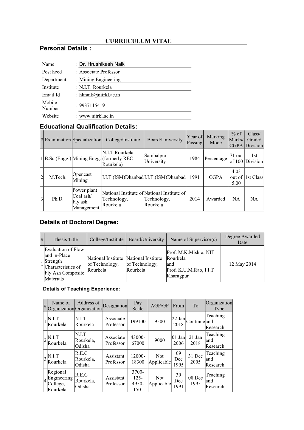 CURRUCULUM VITAE Personal Details : Educational