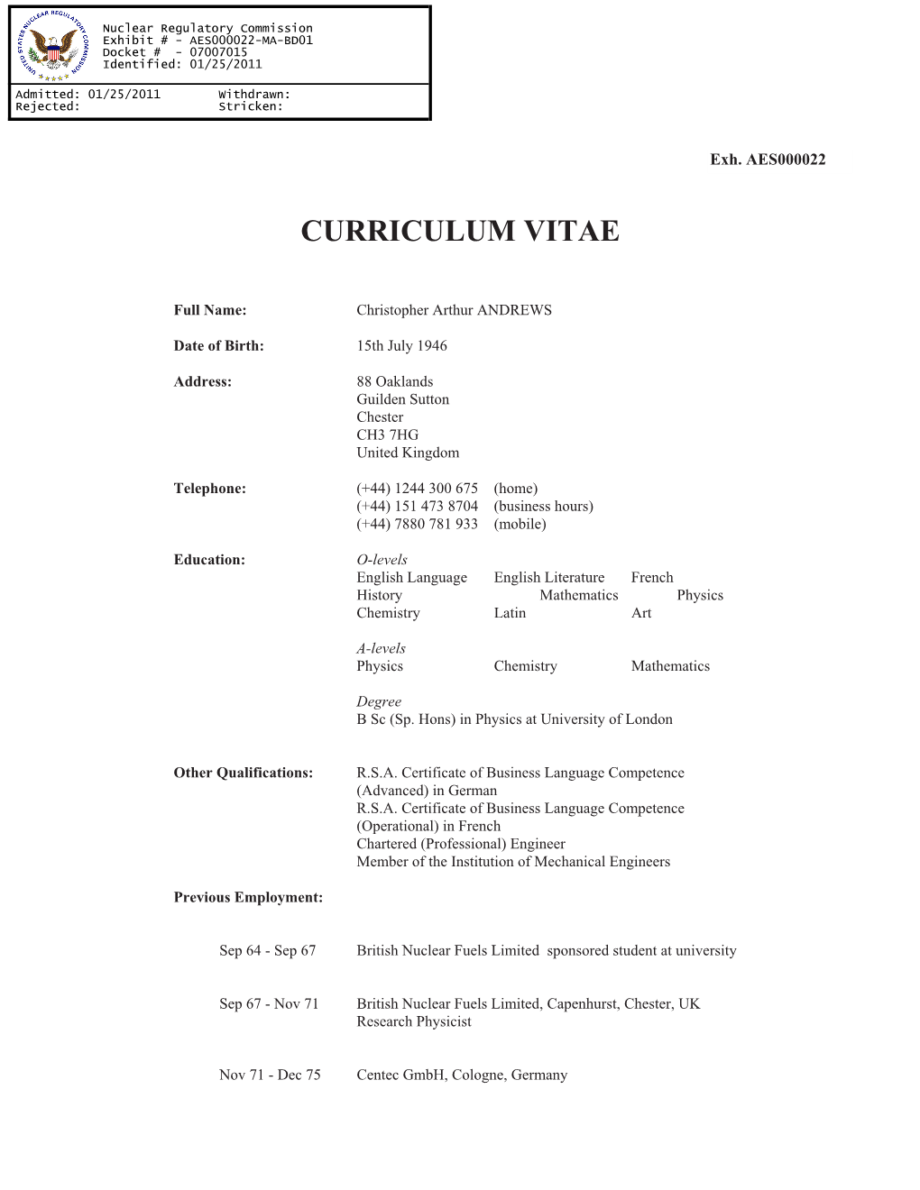 Curriculum Vitae of Christopher Arthur Andrews