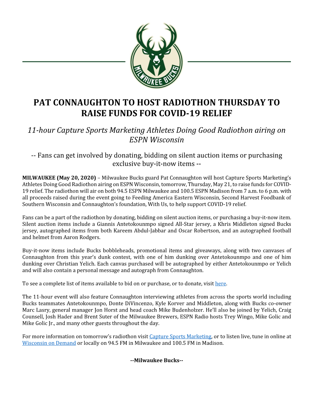 Pat Connaughton to Host Radiothon Thursday to Raise Funds for Covid-19 Relief