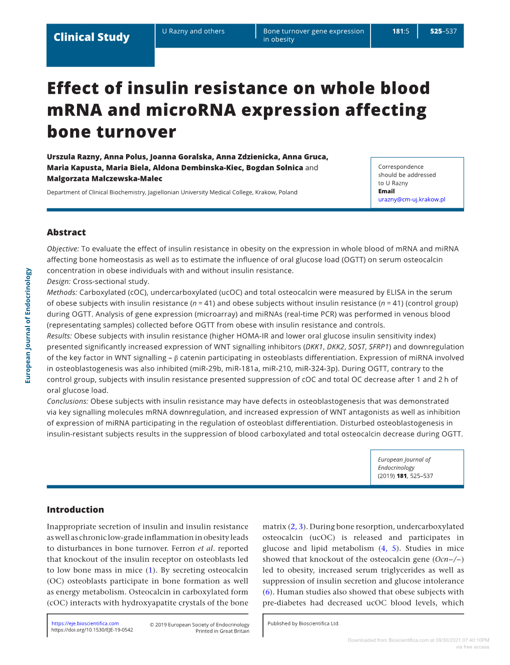 Effect of Insulin Resistance on Whole Blood Mrna and Microrna Expression Affecting Bone Turnover