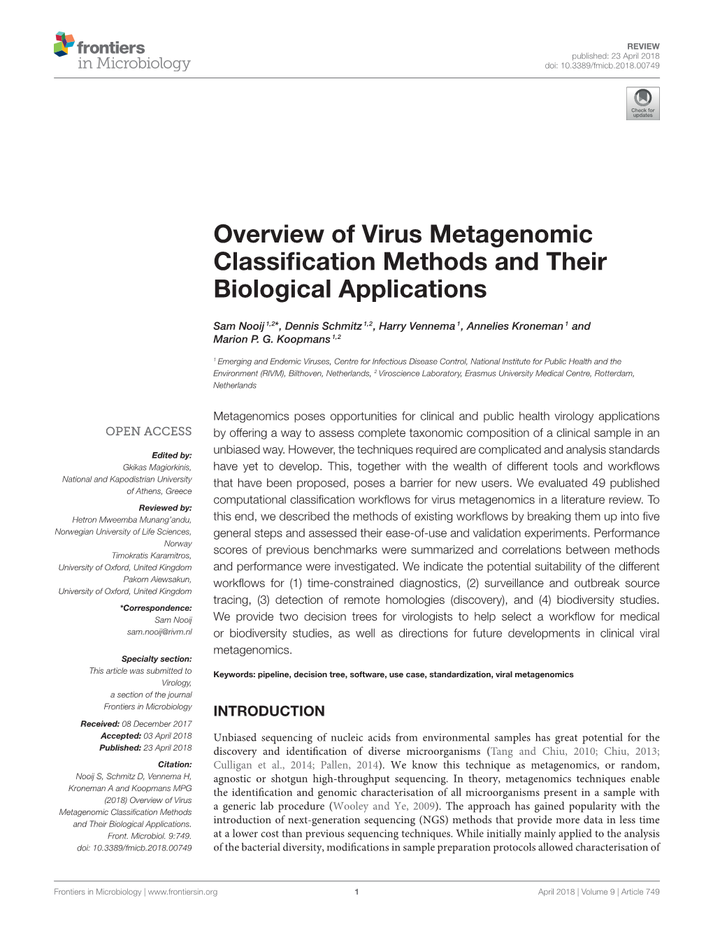 Overview of Virus Metagenomic Classification Methods and Their Biological Applications