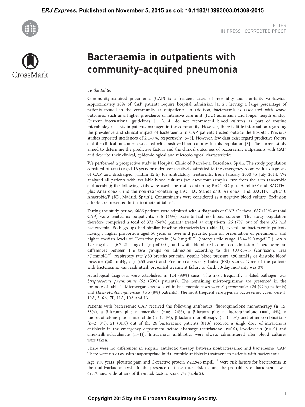 Bacteraemia in Outpatients with Community-Acquired Pneumonia