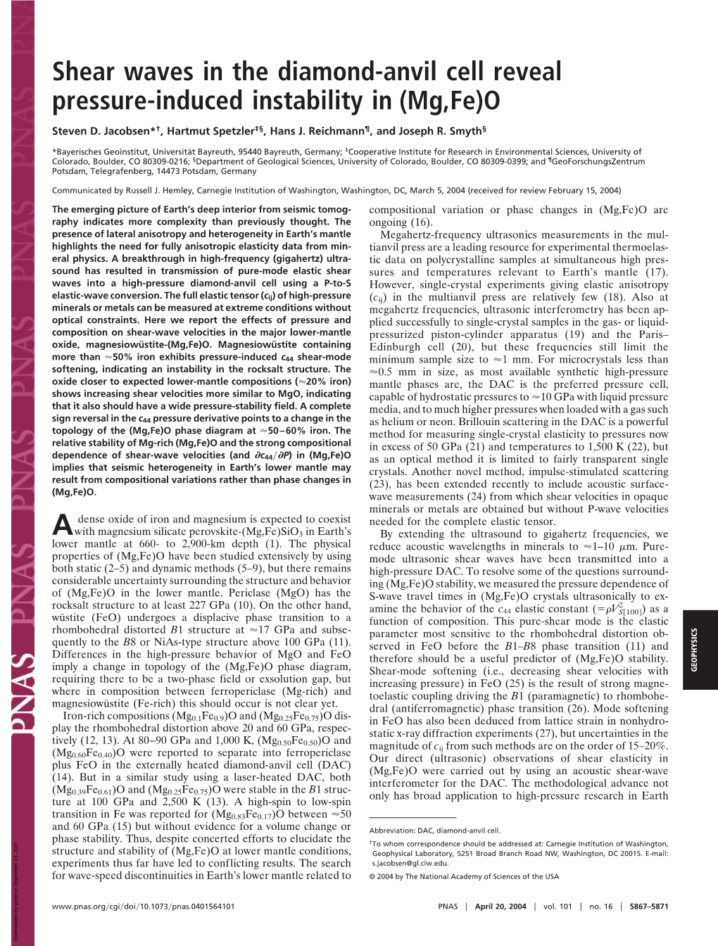 Shear Waves in the Diamond-Anvil Cell Reveal Pressure-Induced Instability in (Mg,Fe)O