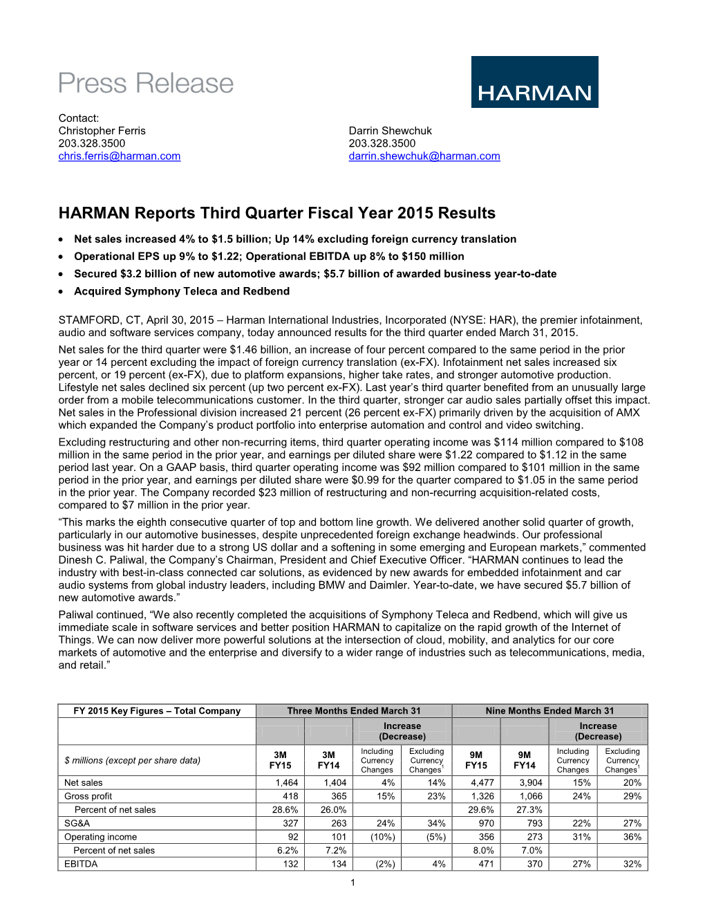 HARMAN Reports Third Quarter Fiscal Year 2015 Results