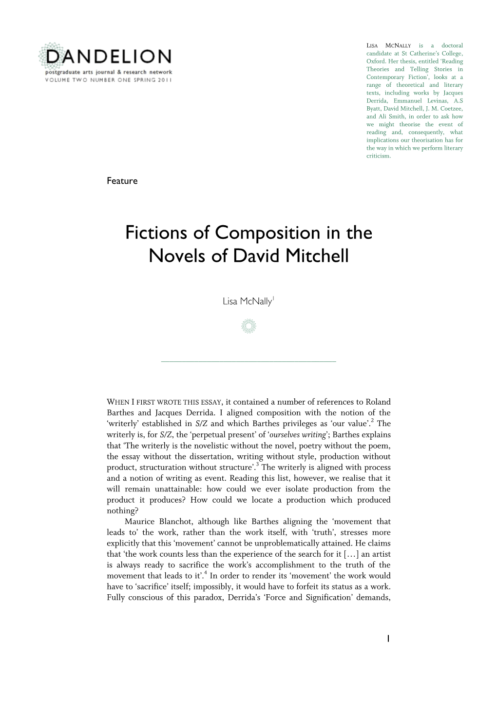 Fictions of Composition in the Novels of David Mitchell