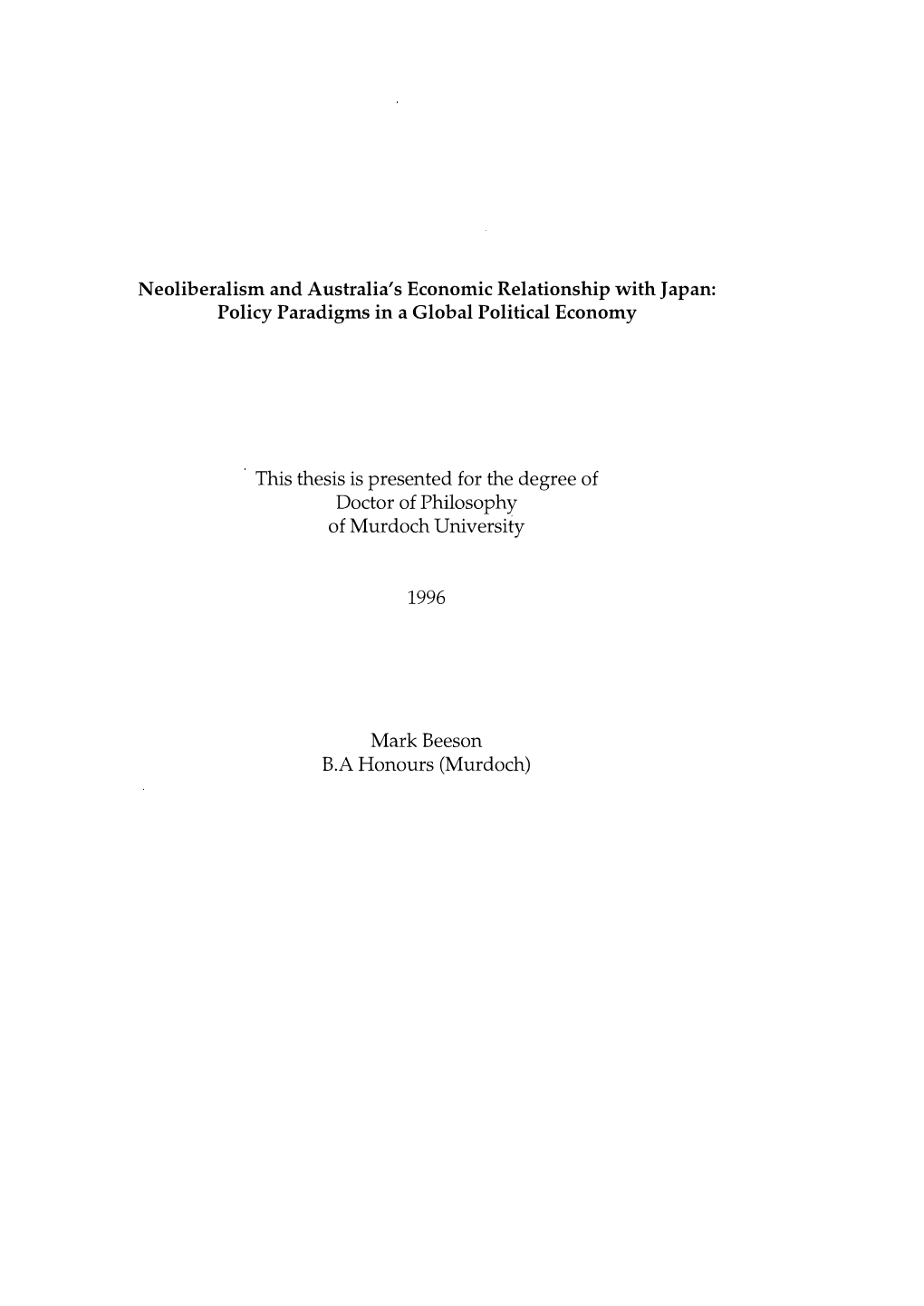This Thesis Is Presented for the Degree of Doctor of Philosophy of Murdoch University