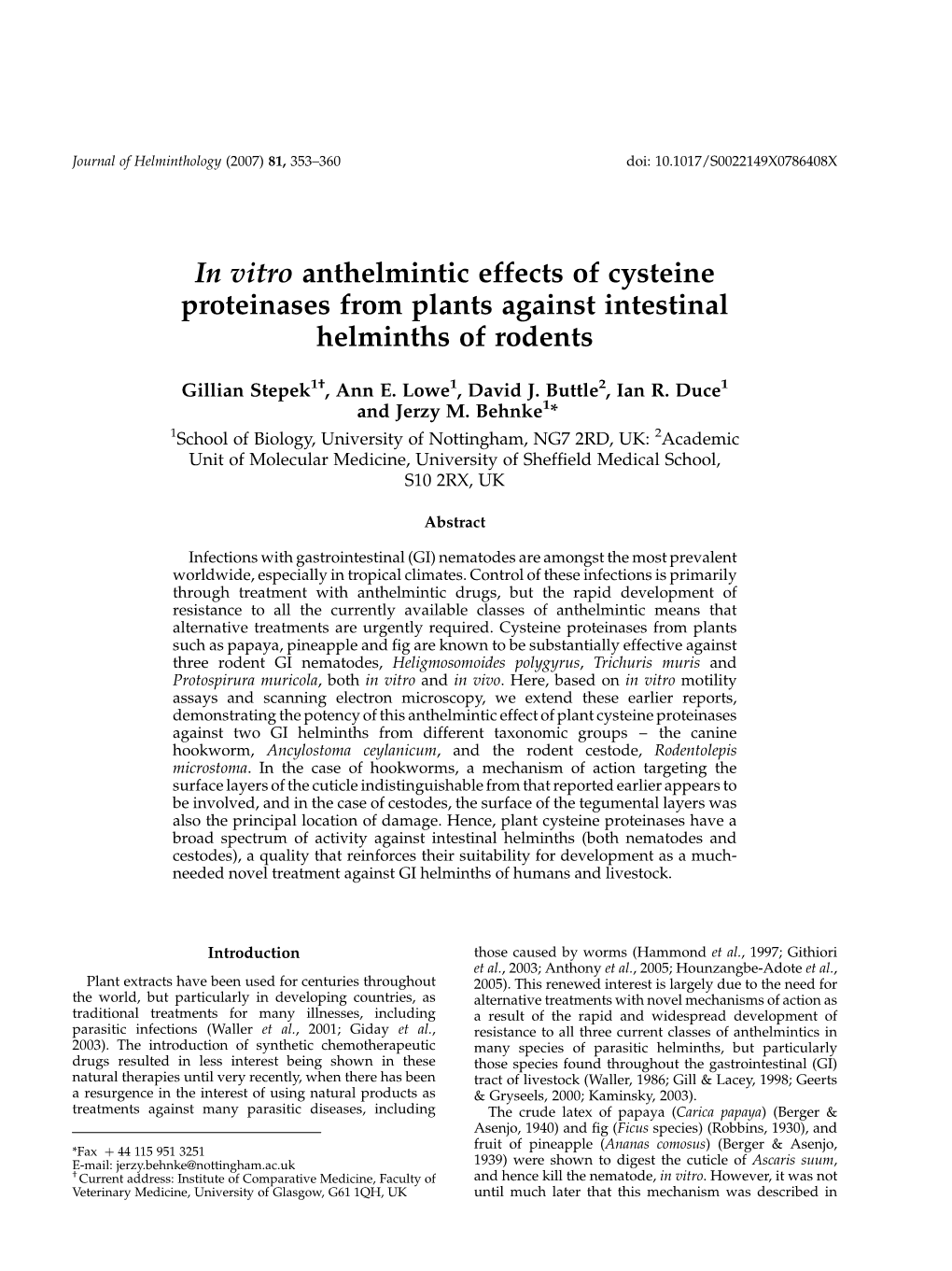 In Vitro Anthelmintic Effects of Cysteine Proteinases from Plants Against Intestinal Helminths of Rodents