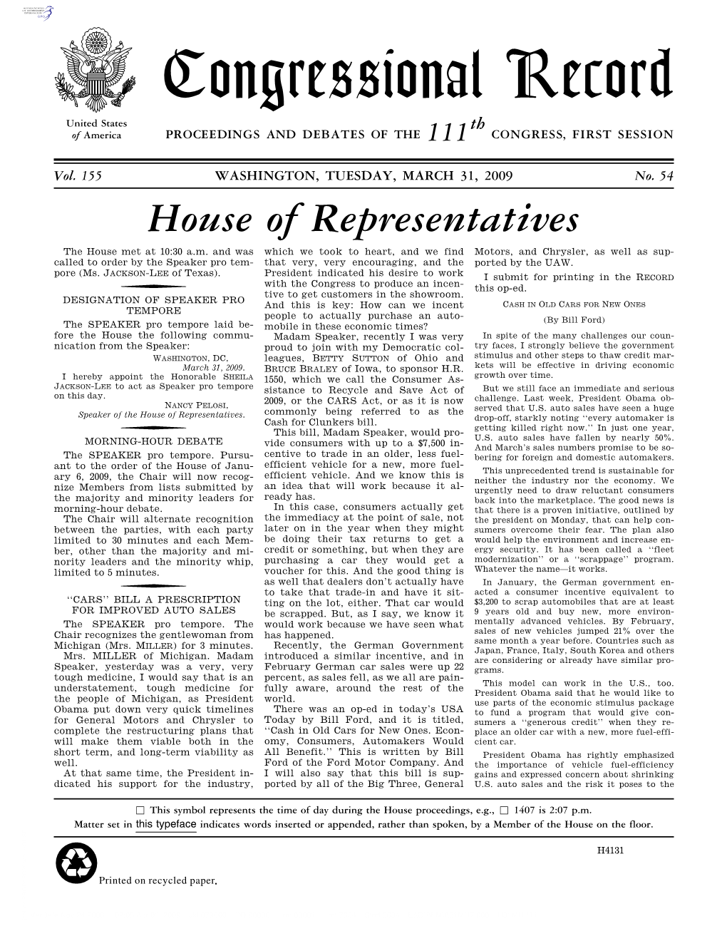 Congressional Record United States Th of America PROCEEDINGS and DEBATES of the 111 CONGRESS, FIRST SESSION