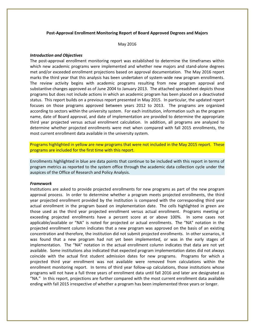 Post-Approval Enrollment Monitoring Report of Board Approved Degrees and Majors