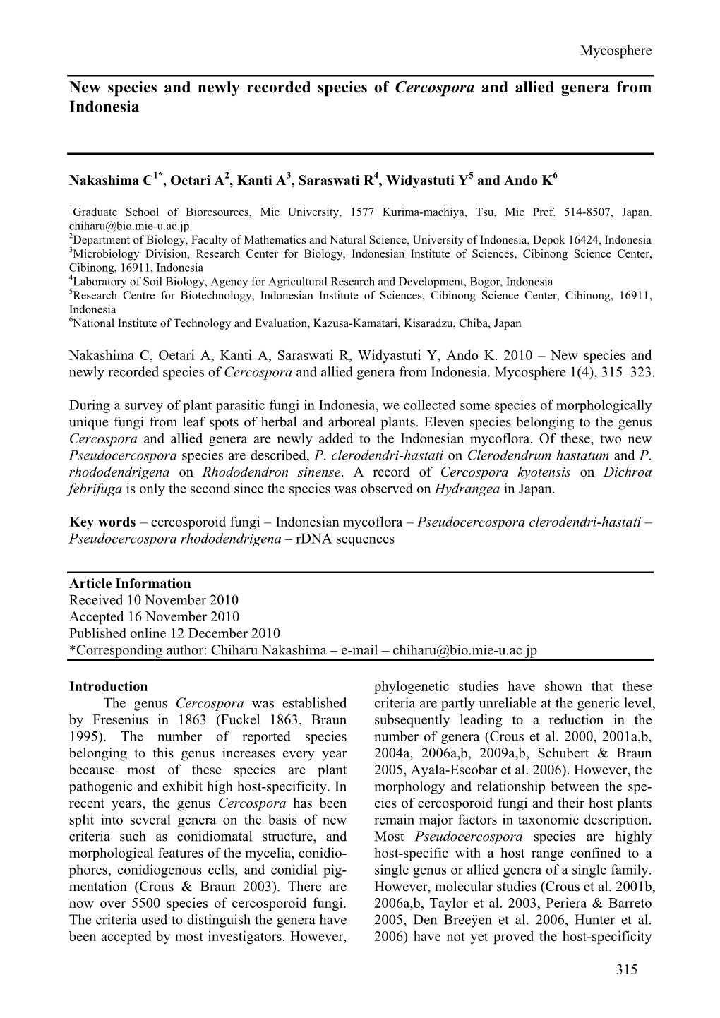 New Species and Newly Recorded Species of Cercospora and Allied Genera from Indonesia