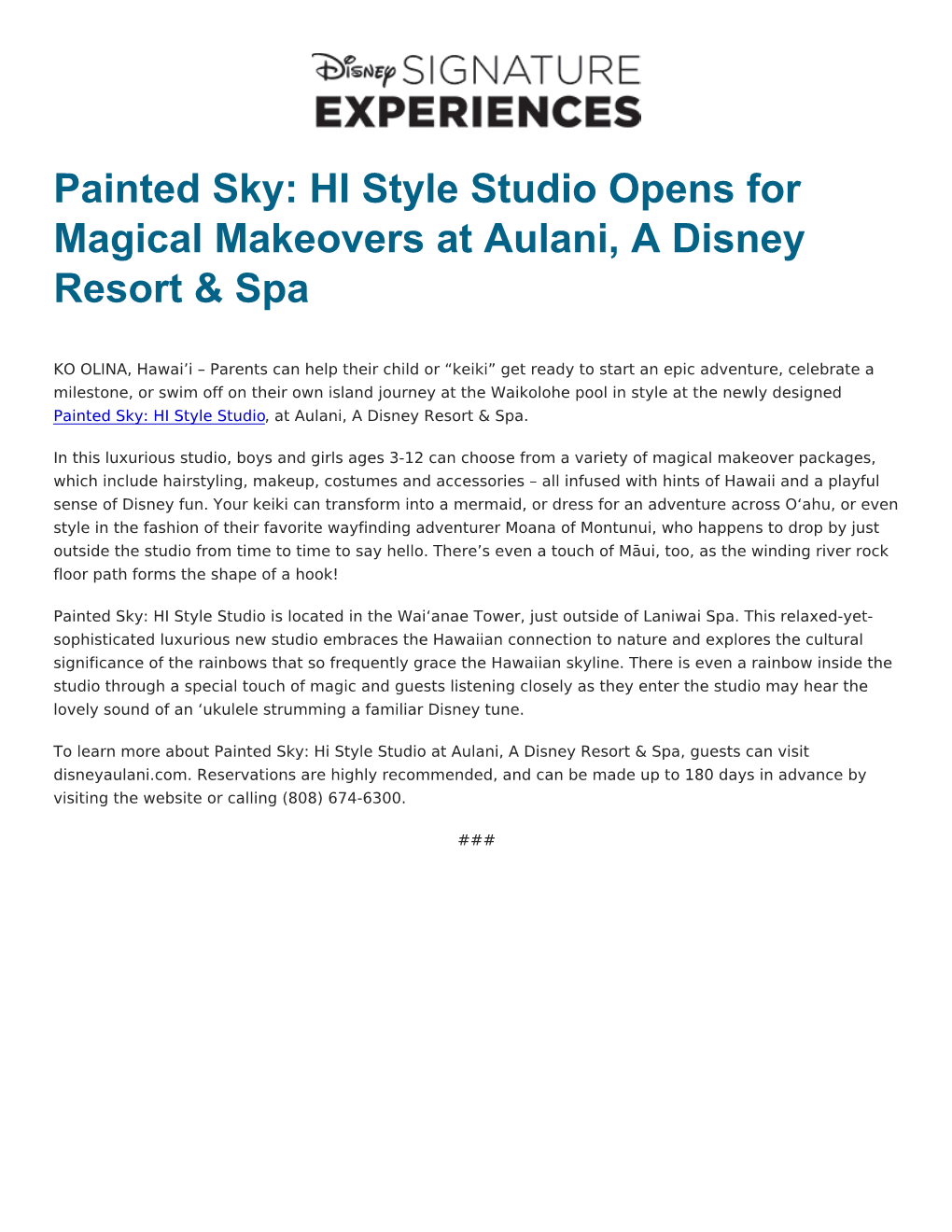 Painted Sky: HI Style Studio Opens for Magical Makeovers at Aulani, a Disney Resort & Spa